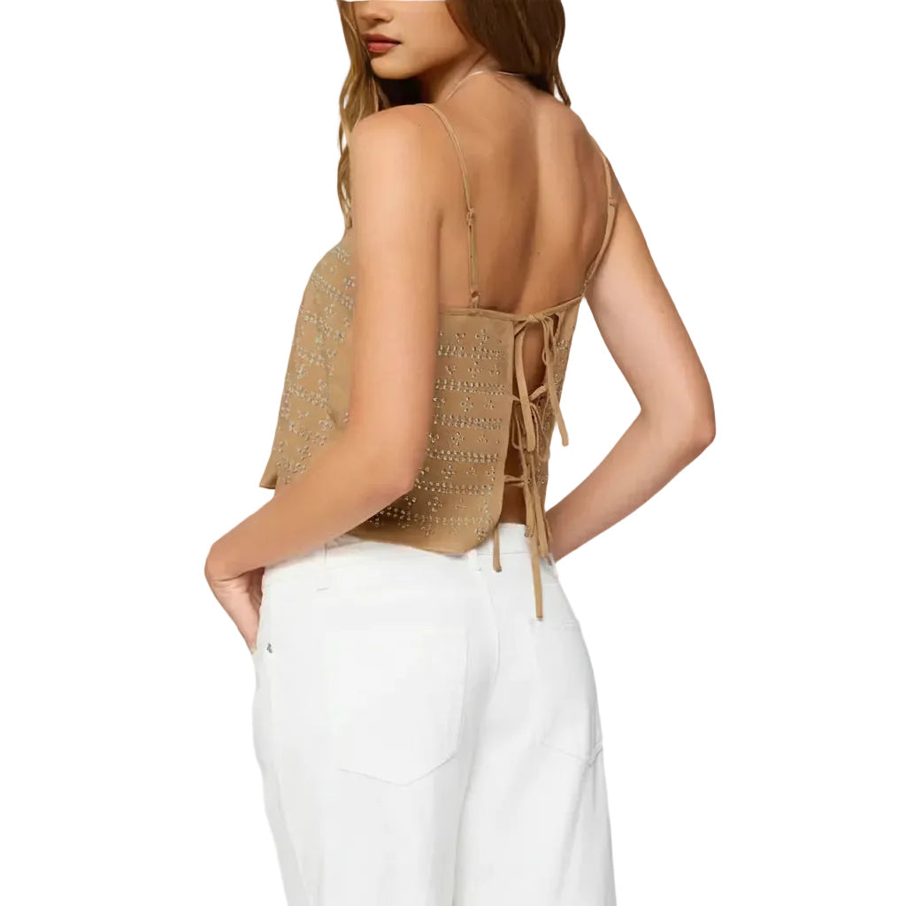 Damen Ärmelloses Tanktop mit Kariertem Muster und Rückenfreiem Design