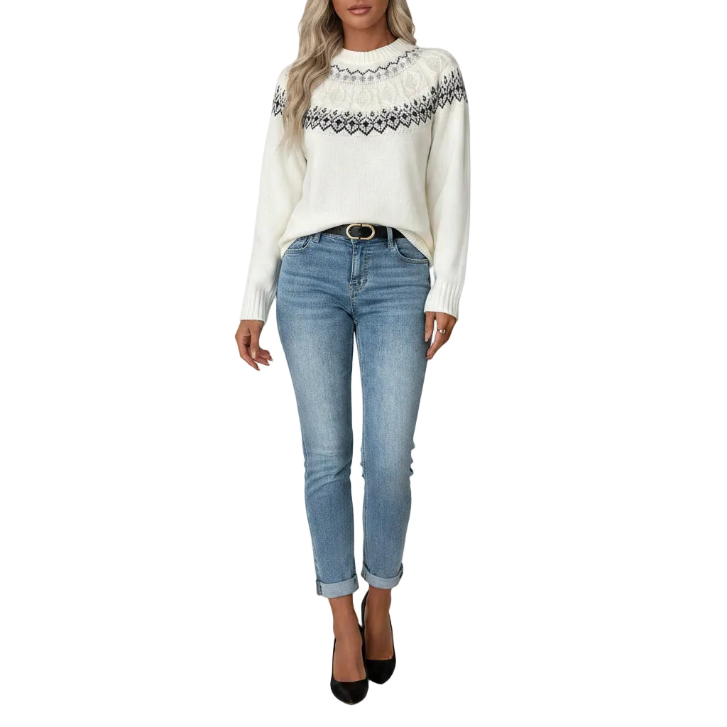 Damen Sweater mit Jacquardmuster und Rundhalsausschnitt