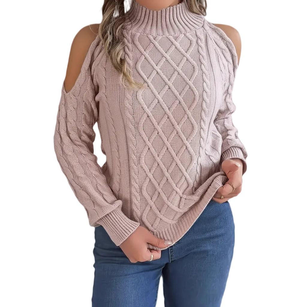 Damen Sweater mit Twistmuster und Schulterfreiem Design