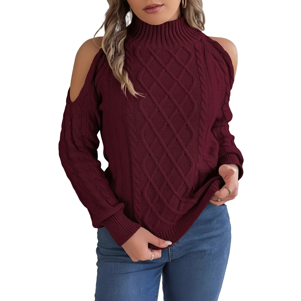 Damen Sweater mit Twistmuster und Schulterfreiem Design