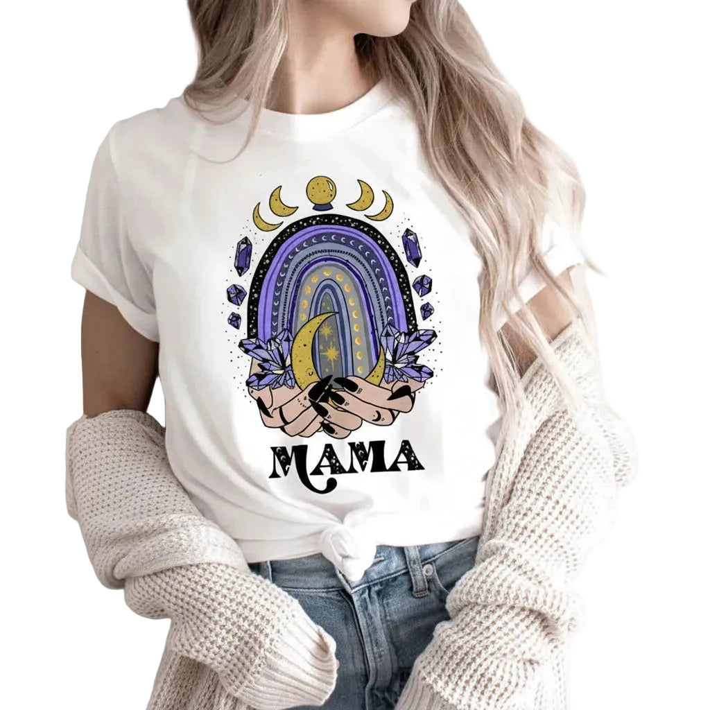 Damen T-Shirt mit Mondgrafik aus Baumwolle und Rundhalsausschnitt